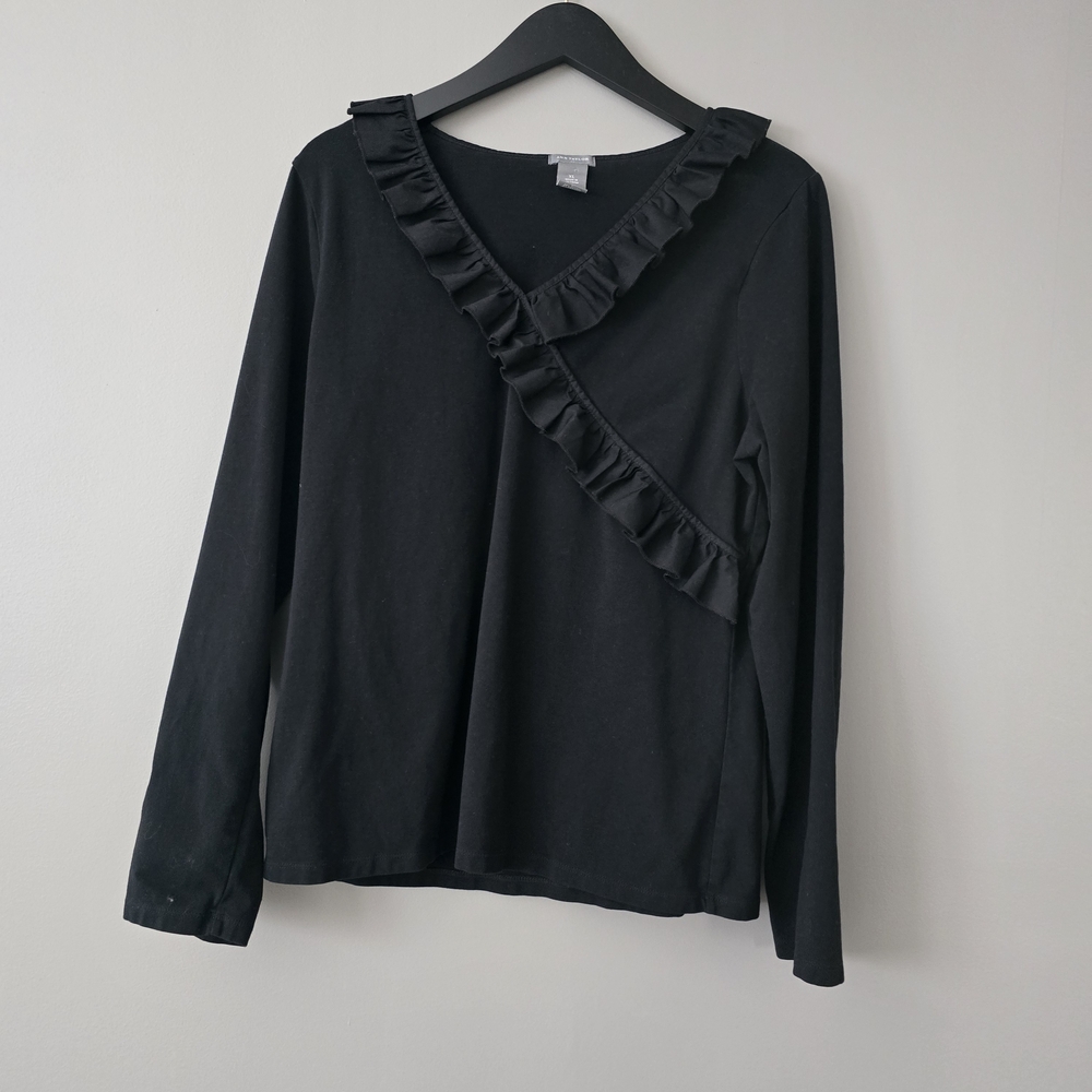 Ann Taylor Black Long Sleeve V-Neck Top with Diagonal Ruffle